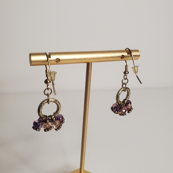 Purple beaded dangle circle earrings - vintage 1.5" long. - Picture 5 of 8